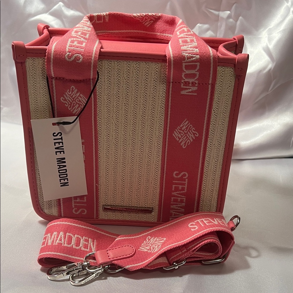 NWT Steve Madden Pink and Cream Tote Bag, w/ crossbody strap - Picture 6 of 7